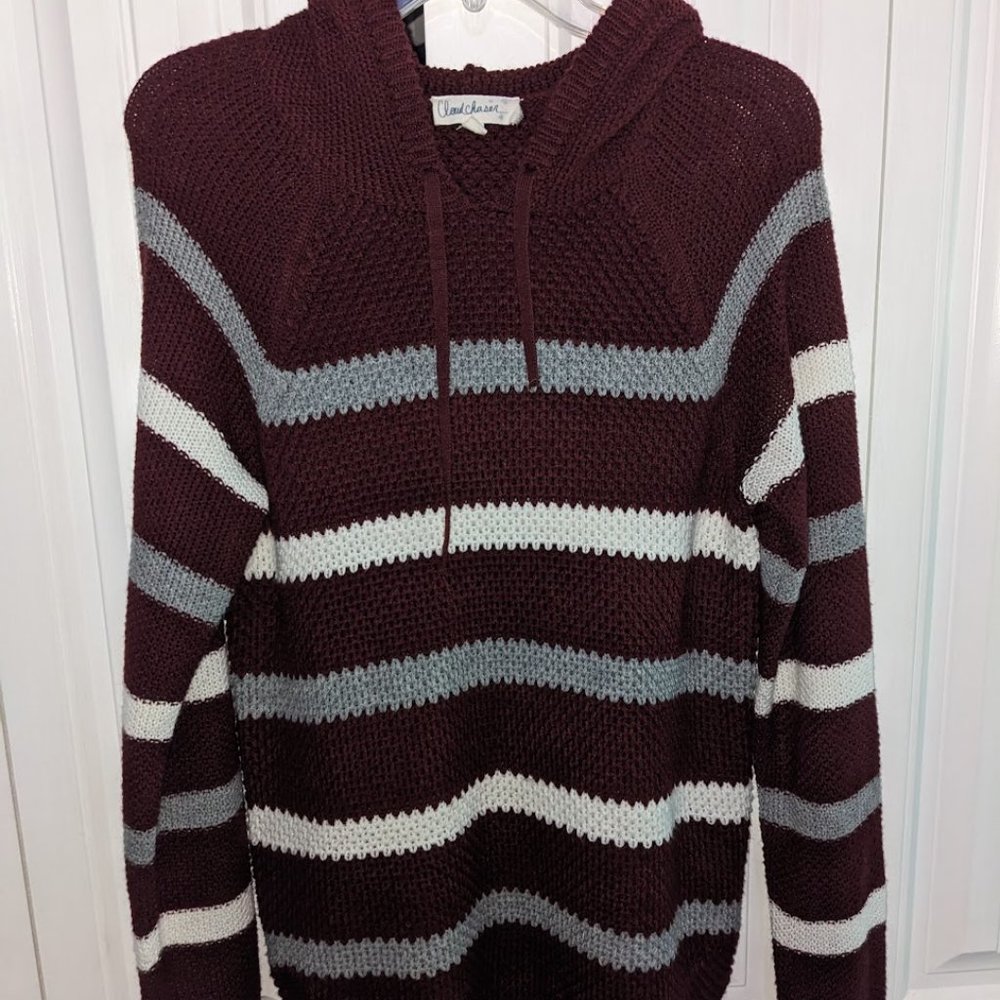 Cloudchaser Maroon, White and Grey Striped Sweater Hoodie Juniors L